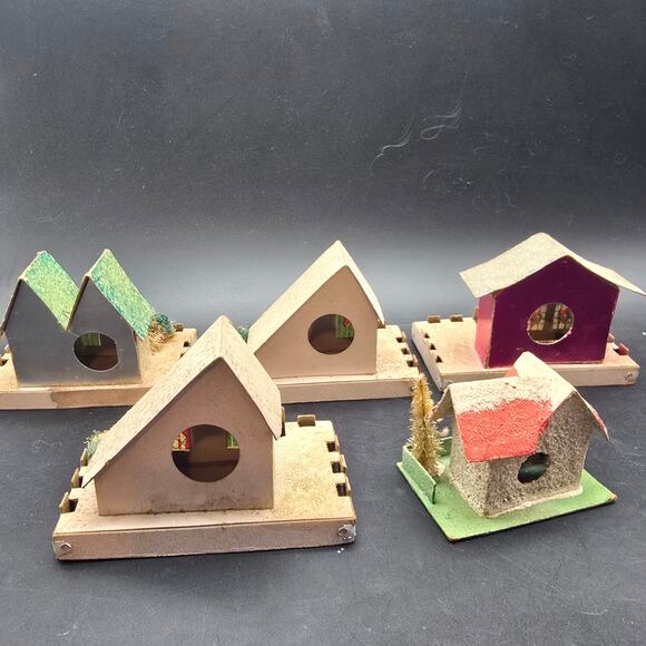 Vintage Paper Putz Houses Set of 5 Glitter Mica Christmas Village - Picture 12 of 12